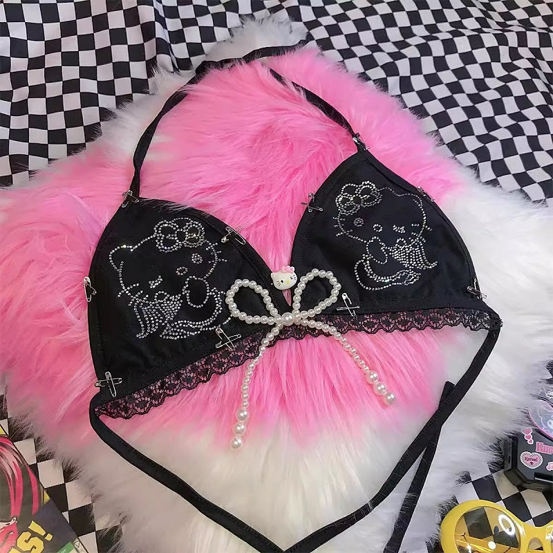 Hello Kitty Pink and Black Spotty Bra 🎀 SIZE 36C - Depop