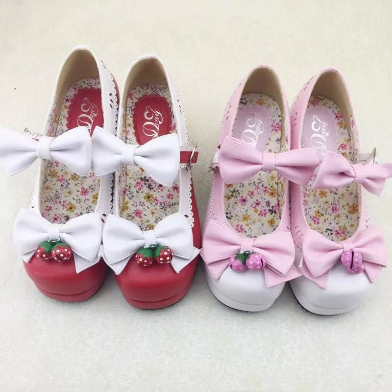 JAPANESE LOLITA STRAWBERRY BELL BOW SHOES BY50807 | aleeby
