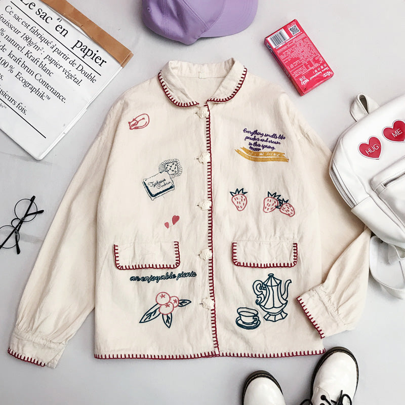 JAPANESE PREPPY STRAWBERRY EMBROIDERED COAT BY24031 | aleeby