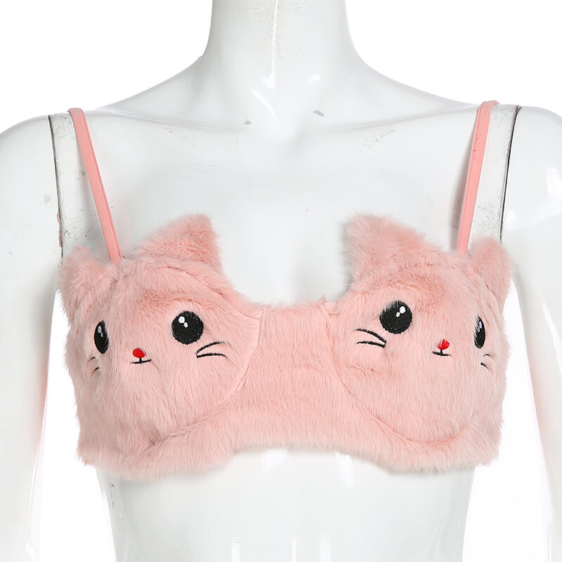 Luxurious Pink Cat Plush Bra Set, Soft Fur Bra and Panties, Seductive  Women's Lingerie Underwear brief