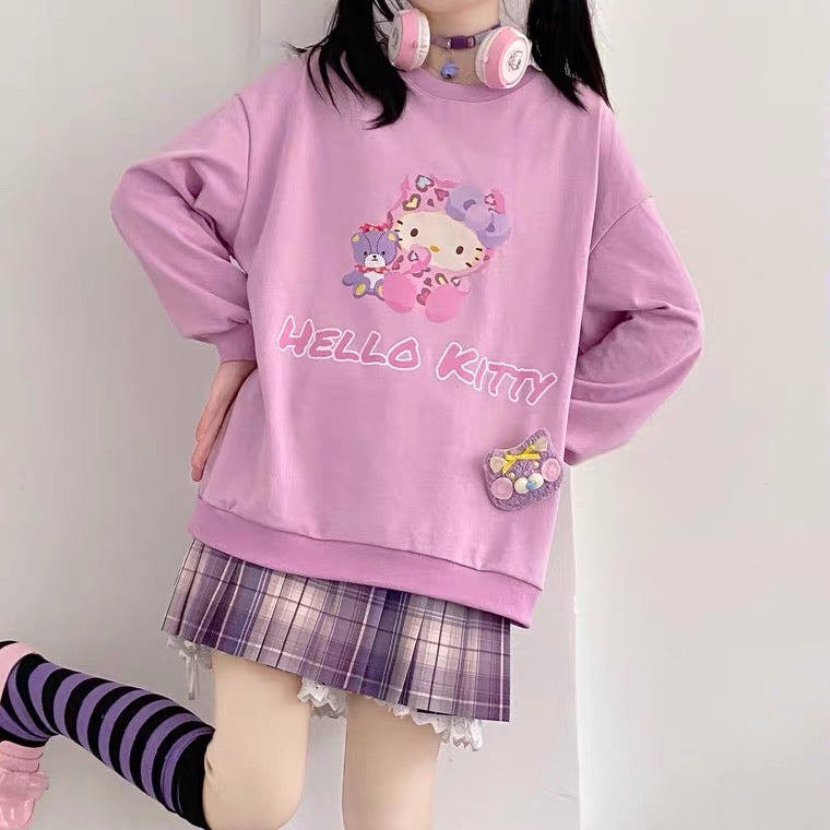 Japanese women's cute pink hello kitty printed dress + lining skirt suit  sweet