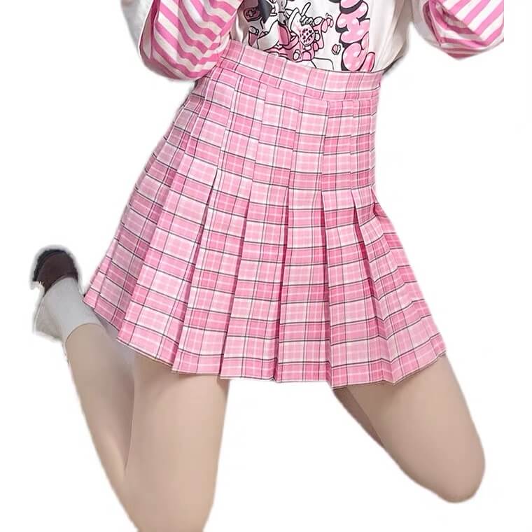 Kawaii Babe Blue Plaid Fur Trimmed Cute Skirt Pleated Harajuku | DDLG Playground Pink / M
