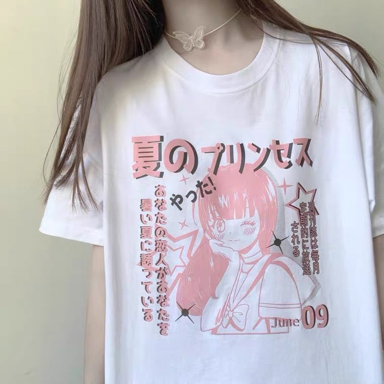 Kawaii Soft Girl Estilo Japanese Cartoon Print T-shirt - Loja de