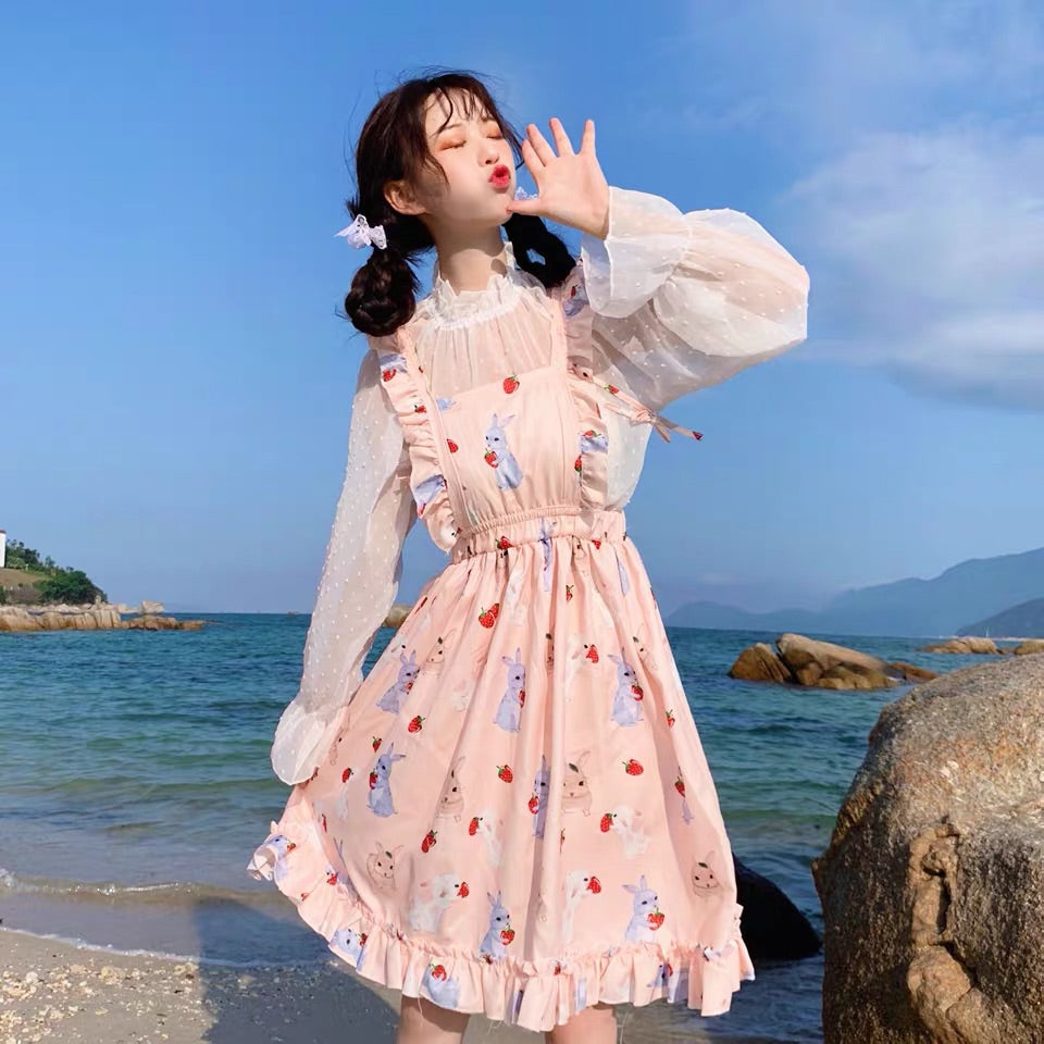 JAPANESE STRAWBERRY RABBIT DRESS+POINT CHIFFON SHIRT BY71066 | aleeby